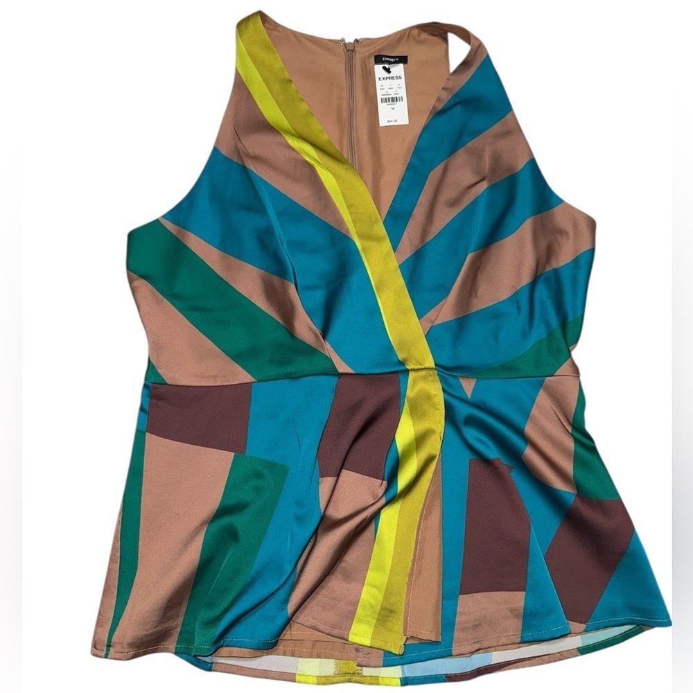 NWT Express Satin Wrap Colorful Geometric Women's Top Medium